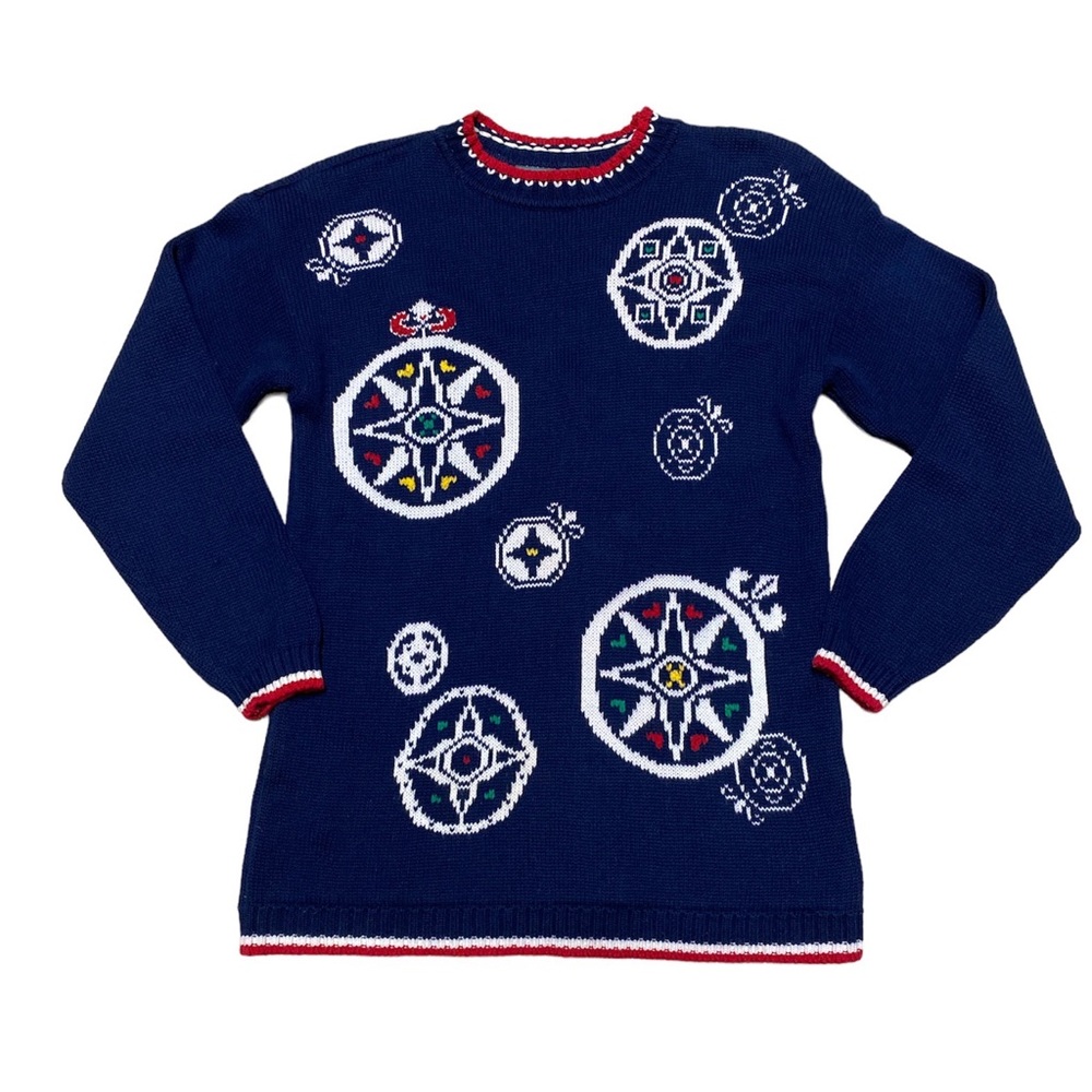 Vintage Ugly Christmas Sweater Women’s S Liz Wear Blue Ornament Holiday Crewneck